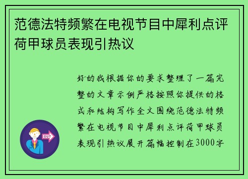 范德法特频繁在电视节目中犀利点评荷甲球员表现引热议