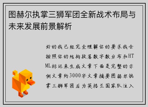 图赫尔执掌三狮军团全新战术布局与未来发展前景解析