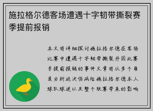 施拉格尔德客场遭遇十字韧带撕裂赛季提前报销